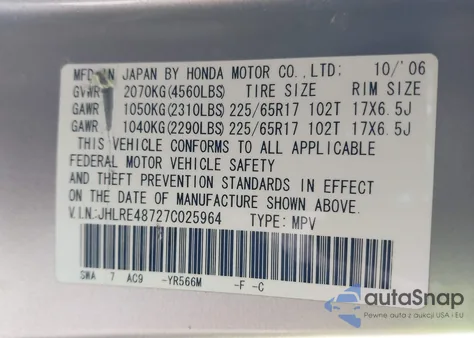 2007 Honda Cr-V Ex-L from USA, damaged, VIN JHLRE48727C025964